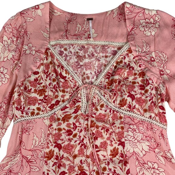 Free People Boho Tunic Mini Dress Pink Floral Rose Sheer Lace Bell Sleeve Small - Picture 5 of 16